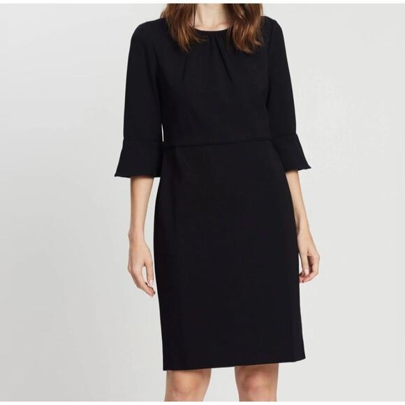 J. Crew Bell Sleeve Sheath Dress Black Stretch Ponte Knee Length Petite 4P - Picture 1 of 11